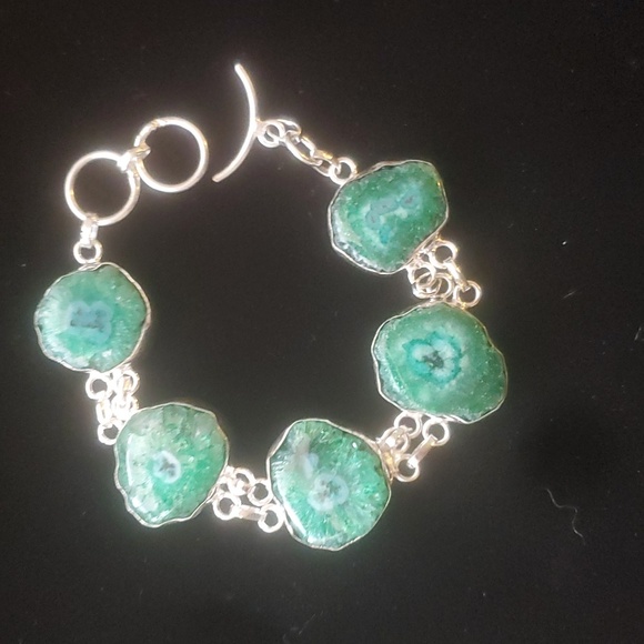 New Green Solar Slice Agate 925 Silver Bracelet. - Picture 1 of 12